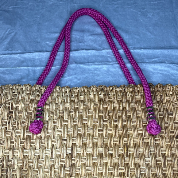 Vintage Magid Straw Wicker Woven Tote Bag Magenta Strap Beach Made in Italy - Picture 4 of 12